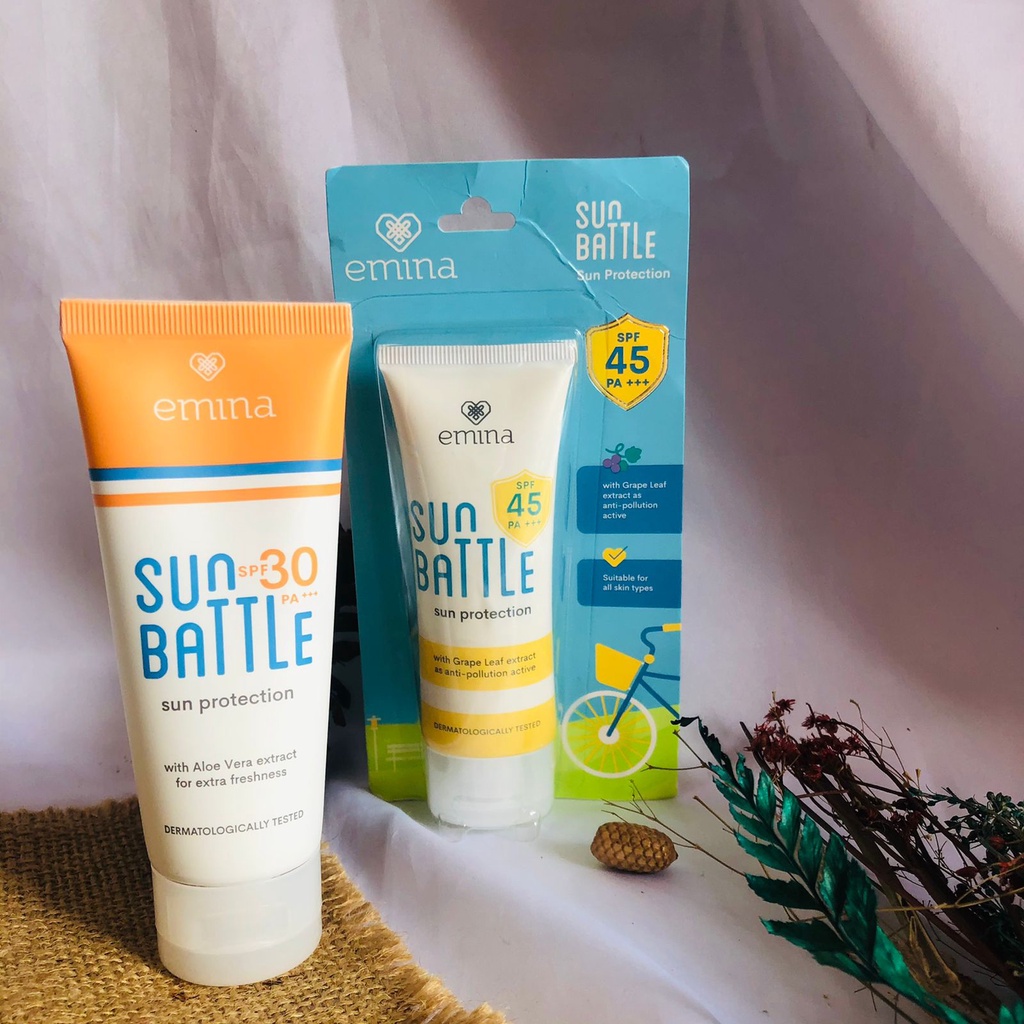 Emina Sun Battle Spf 30 60Ml /Emina Sun Protection SPF 30 PA+++ Sun Block Wajah SPF45, pelindung wajah dari serangan sinar UV, ringan di kulit wajah, termurah, terviral, terlaris, aman, original 100%, BPOM, dan cocok untuk semua je