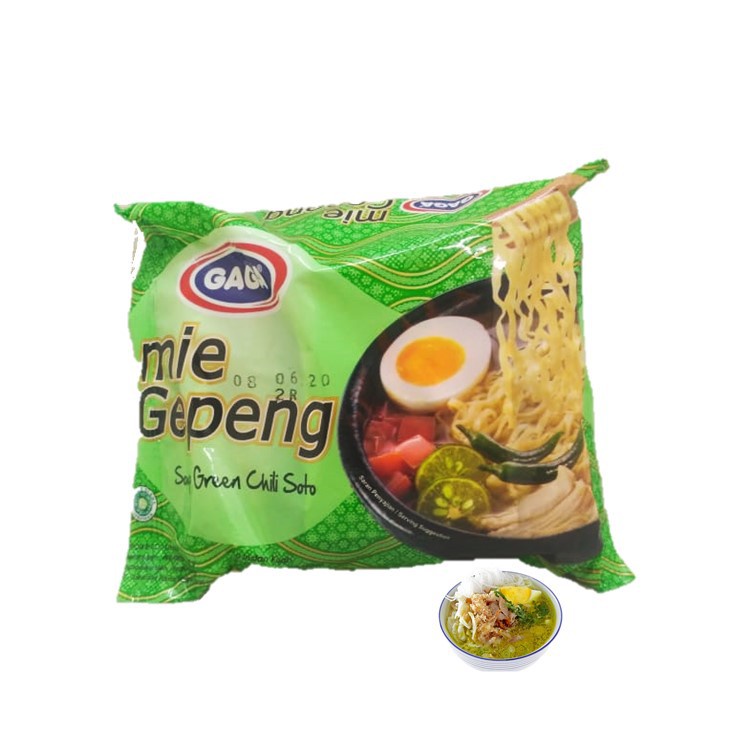 

Mie gepeng gaga soto cabe hijau / kuah ayam lada hitam 67 gram