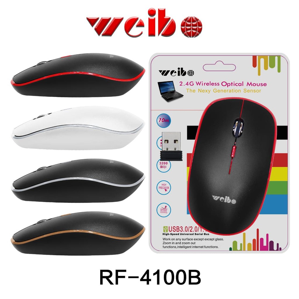 Jual MOUSE WIRELESS SLIM WEIBO RF 4100B 2.4G WITH USB COMPUTER LAPTOP Low Price!