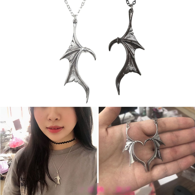 SIY  2Pcs Personality Punk Heart Wing Necklace Lovers Vinatge Bat Wing Heart Couples Pendant Necklace Set Fashion Jewerly