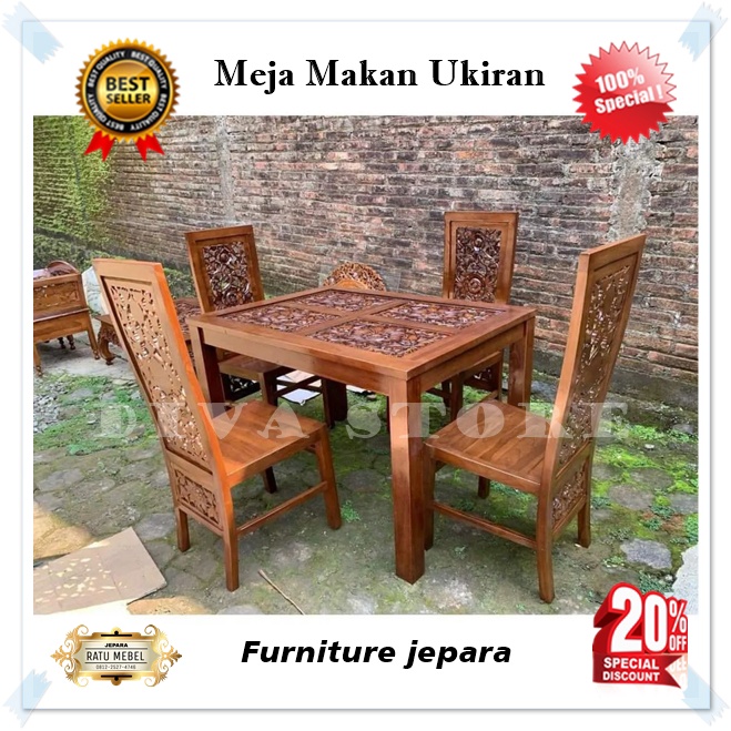 Meja Makan 4 Kursi + Kaca Furniture Bahan Kayu Jati
