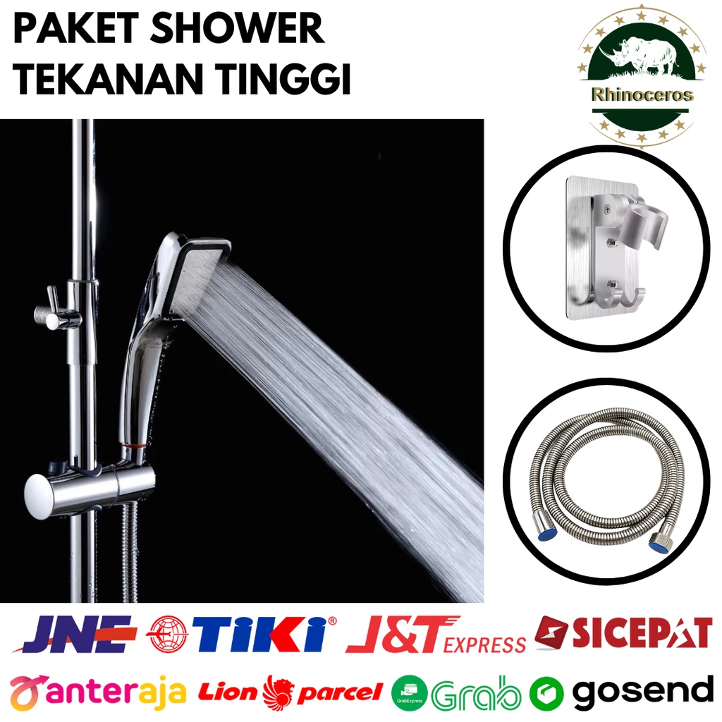 Shower Kamar Mandi 300 Lubang Paket Penyangga Kepala Shower Set Kotak Persegi dan Selang Fleksible 150cm