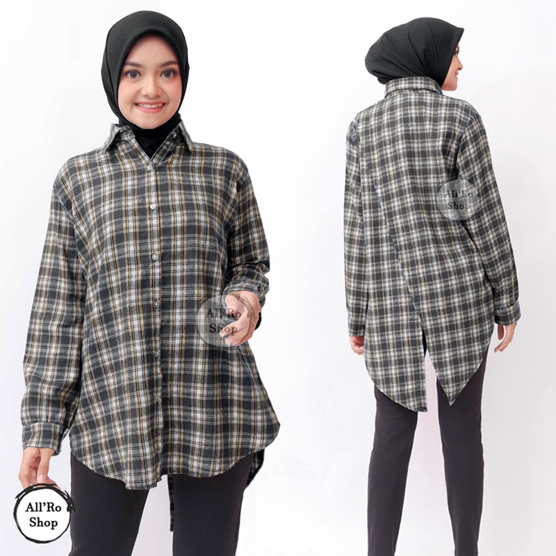 Kemeja Wanita Lengan Panjang Kemeja Flanel Kotak kotak Casual Kemeja Katun Flanel Premium Ukuran Jumbo ARS