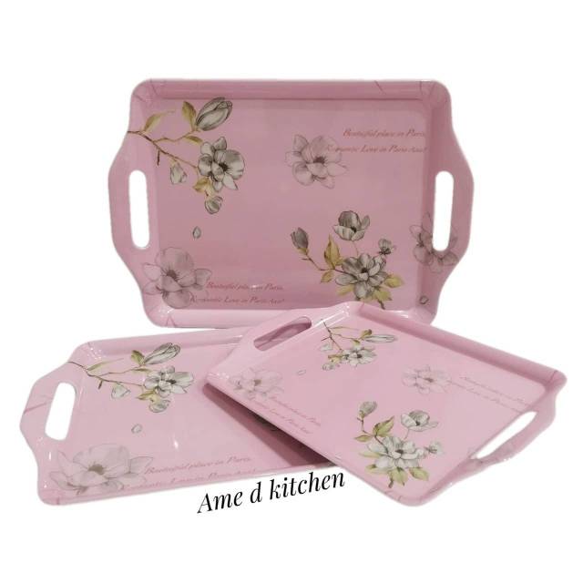 Nampan melamin motif bunga pink shabby wit handle
