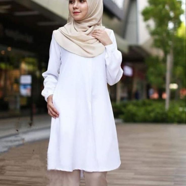 Tunik Dress Wanita Dewasa Lengan Panjang Warna Putih Cantik2022 Baju Atasan Tunik Modern Cassual Dan