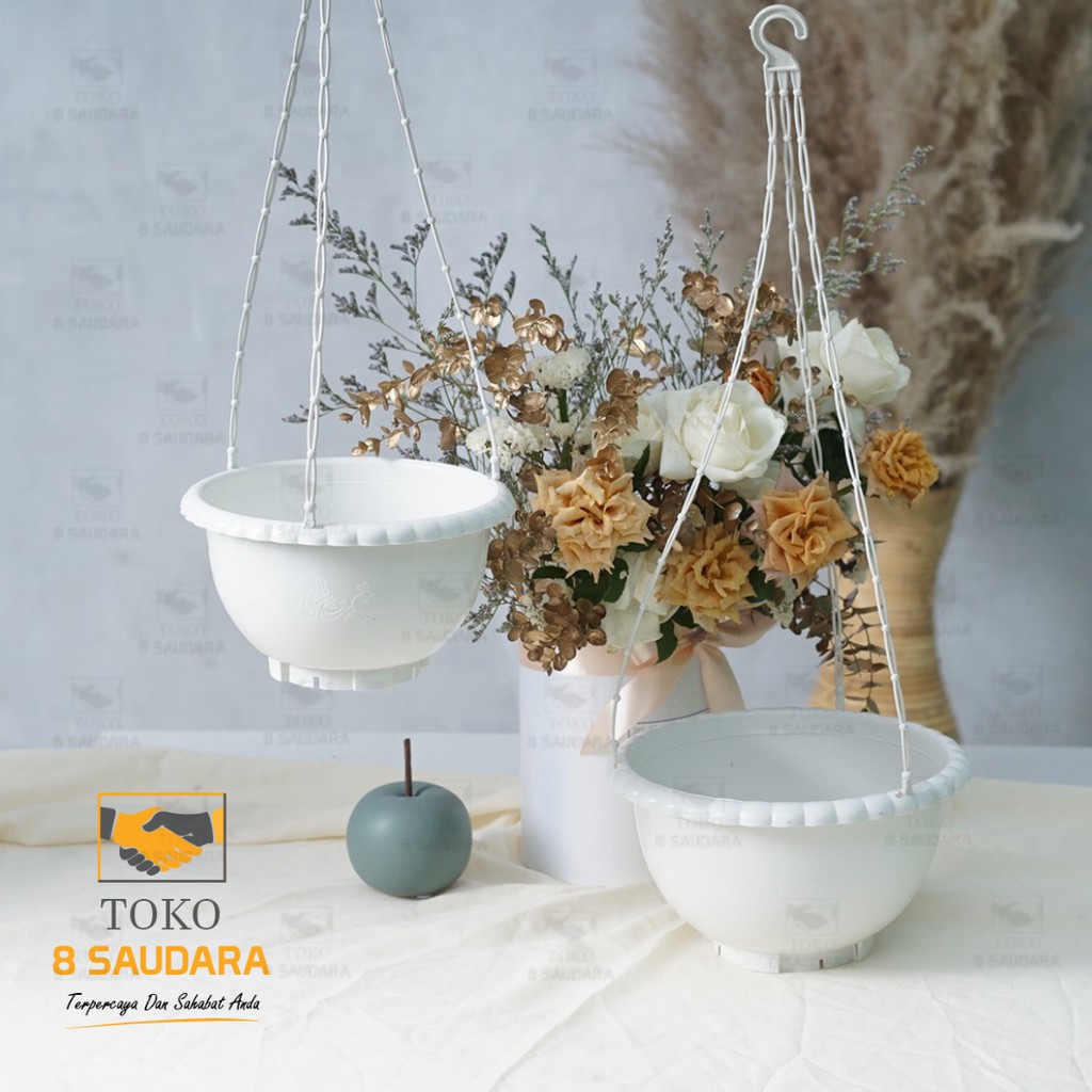 Pot Gantung Merek Shalom Ukuran 20cm dan 25cm / Bahan Plastik Tebal Warna Putih Dilengkapi Gantungan