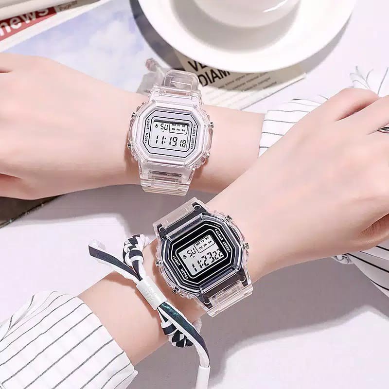 INDOMINI JT032 JAM TANGAN WANITA RUBBER DIGITAL TRANSPARAN SQUARE DIAL COUPLE WATCH KOREAN IMPORT