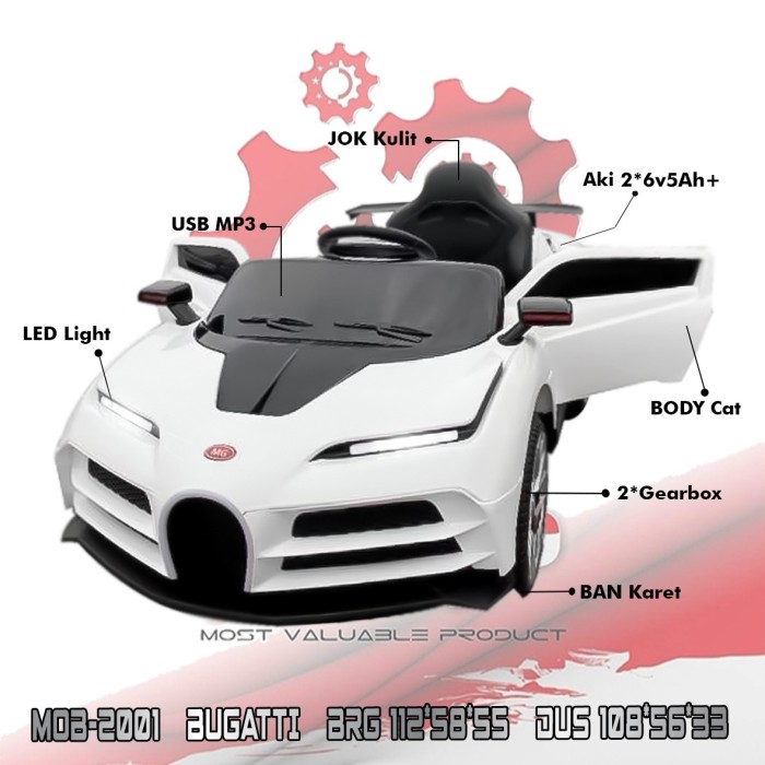 GROSIR Bugatti Mainan Mobil Mobilan Aki Ban Karet Jok Kulit MVP - Putih