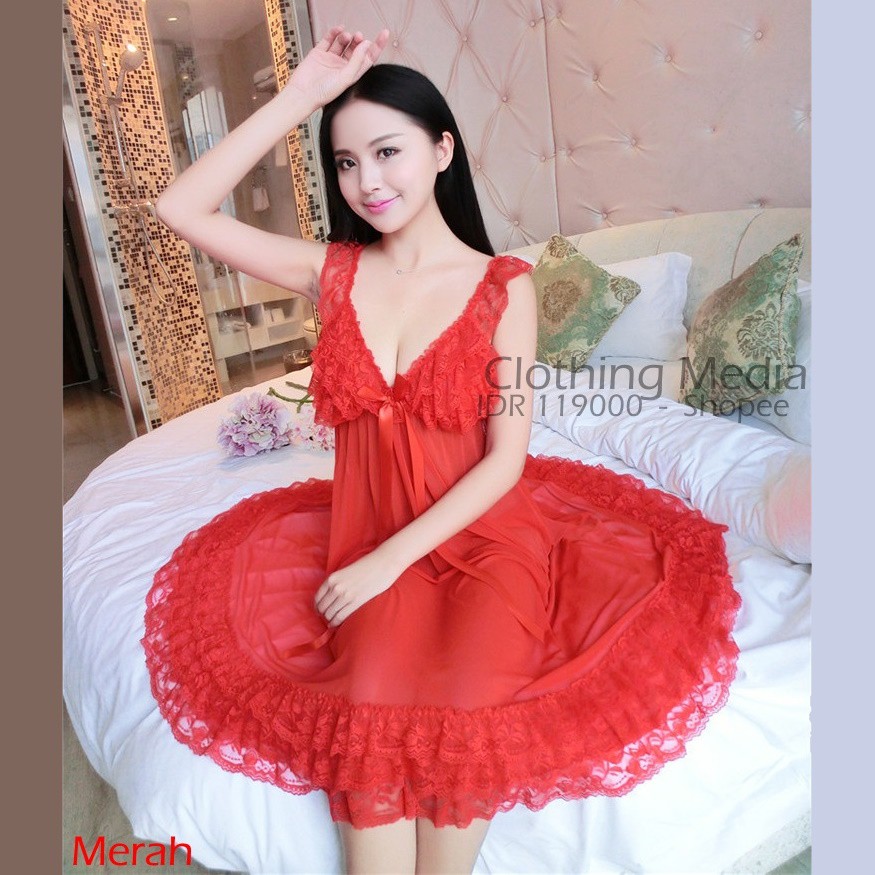 Premium Lingerie Halus Lembut Wanita Gaun Transparan Babydoll Renda L9