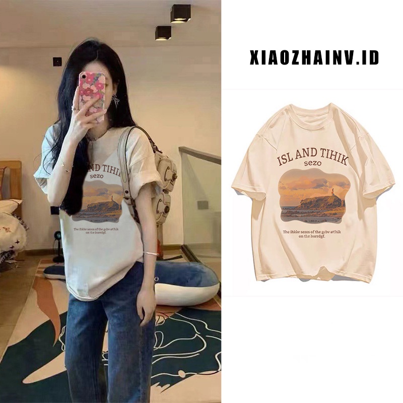 XIAOZHAINV Kaos Atasan Wanita Landscape Pattern Lengan Pendek A0320