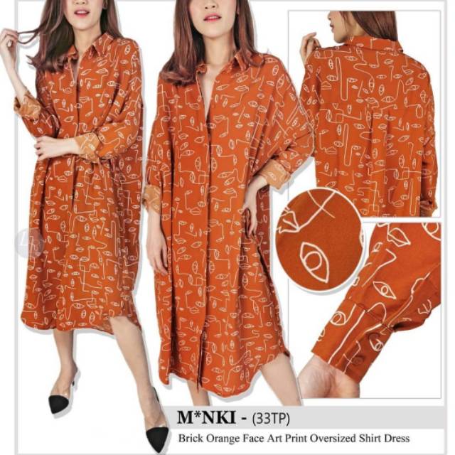 Monki Brick Orange Face Art Print Oversized Shirt Dress