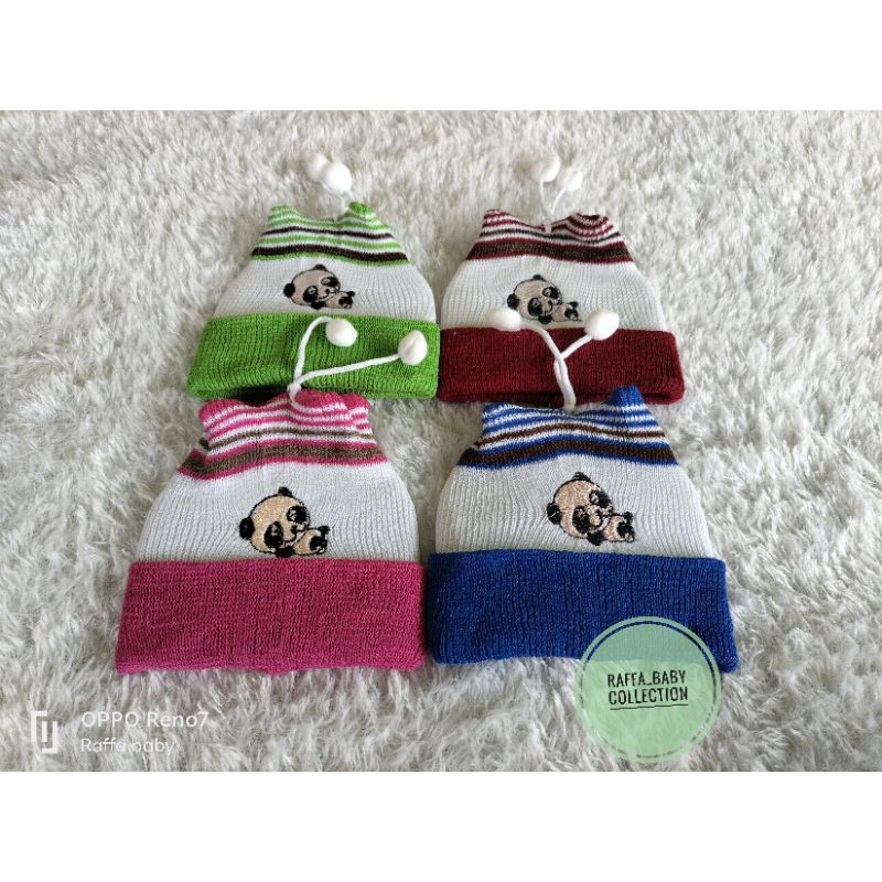 Topi kupluk bayi rajut motif panda bordir