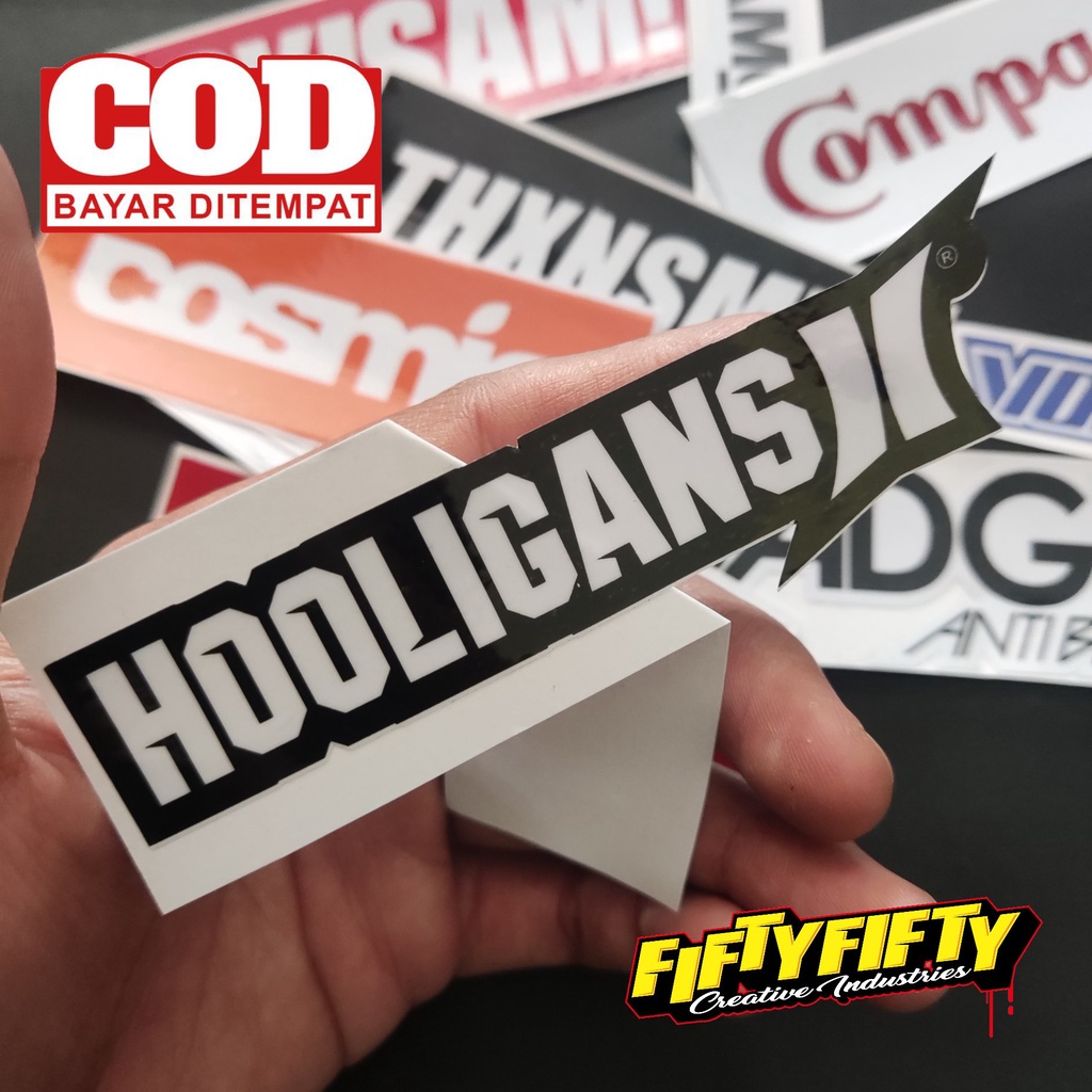 Stiker Print Cut BRAND DISTRO HOOLIGANS Stiker Printing Laminasi Glossy Tahan Air Stiker Motor Mobil Helm Sudah