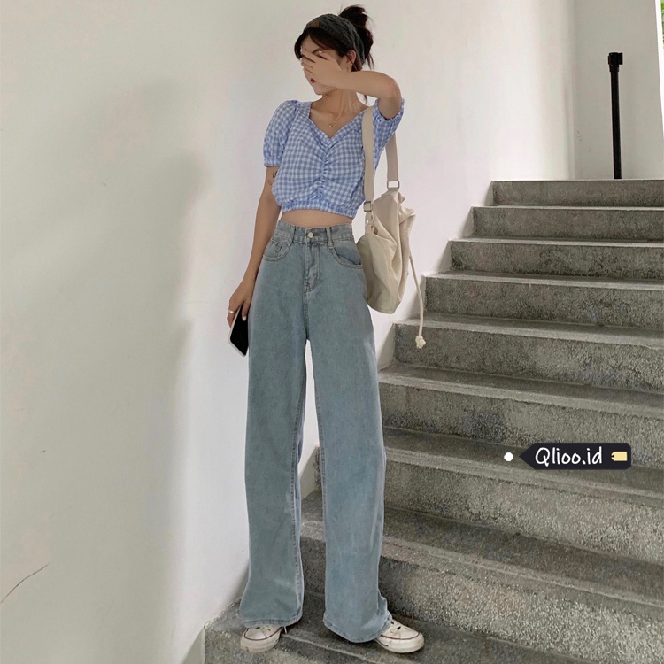 Celana Jeans Wanita High Waist Korean Style Loose Straight Pants Jins Biru Muda