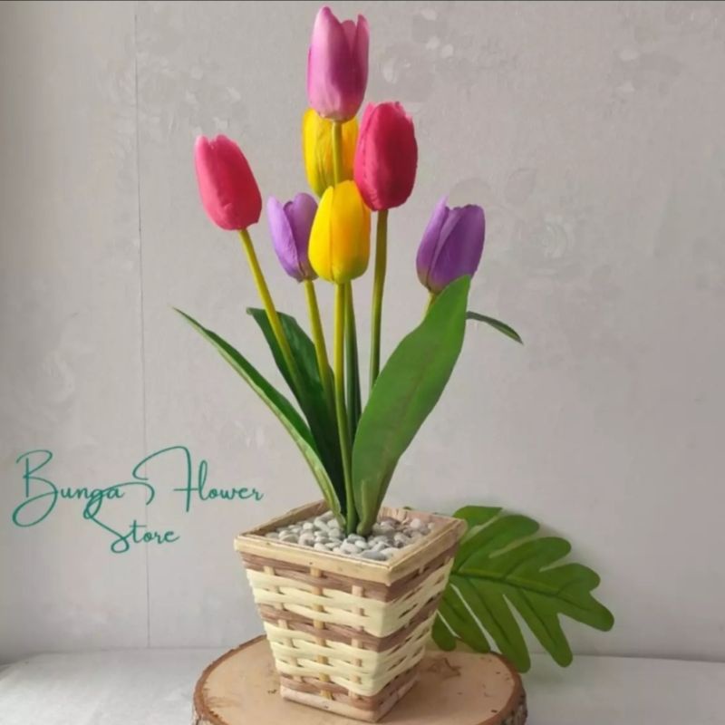 [ PROMO TERMURAH ] Bunga Tulip Rottan Mix Multi Colour - Dekorasi Ruang Tamu - Bunga Plastik Import Grosir Murah