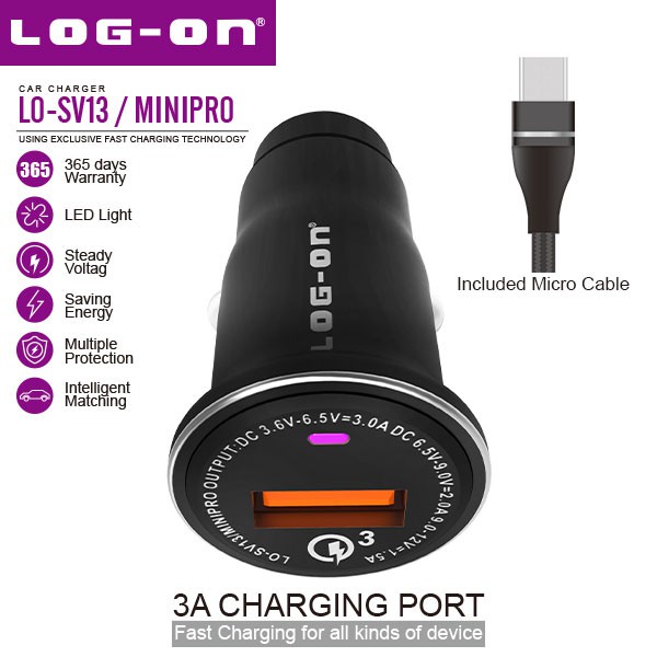 LOG ON SAVER MINIPRO 3A QC 3.0 LO-SV13 CHARGER MOBIL &amp; MOTOR (KEPALA CHARGERPLUSKABEL MICRO 1M)