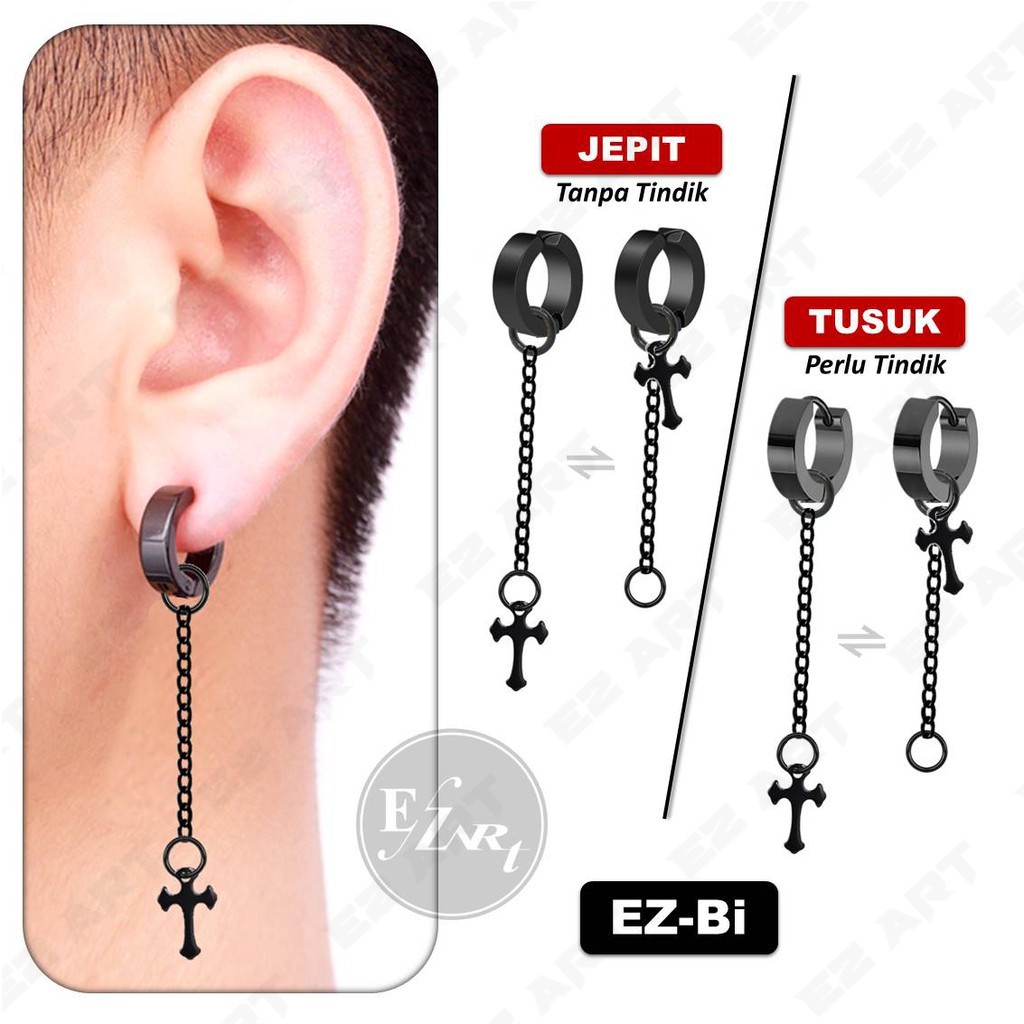 1Pc EZ-Bi Anting Salib Hitam untuk Pria Wanita Jepit Tusuk Tanpa Lubang Telinga Titanium Stainless