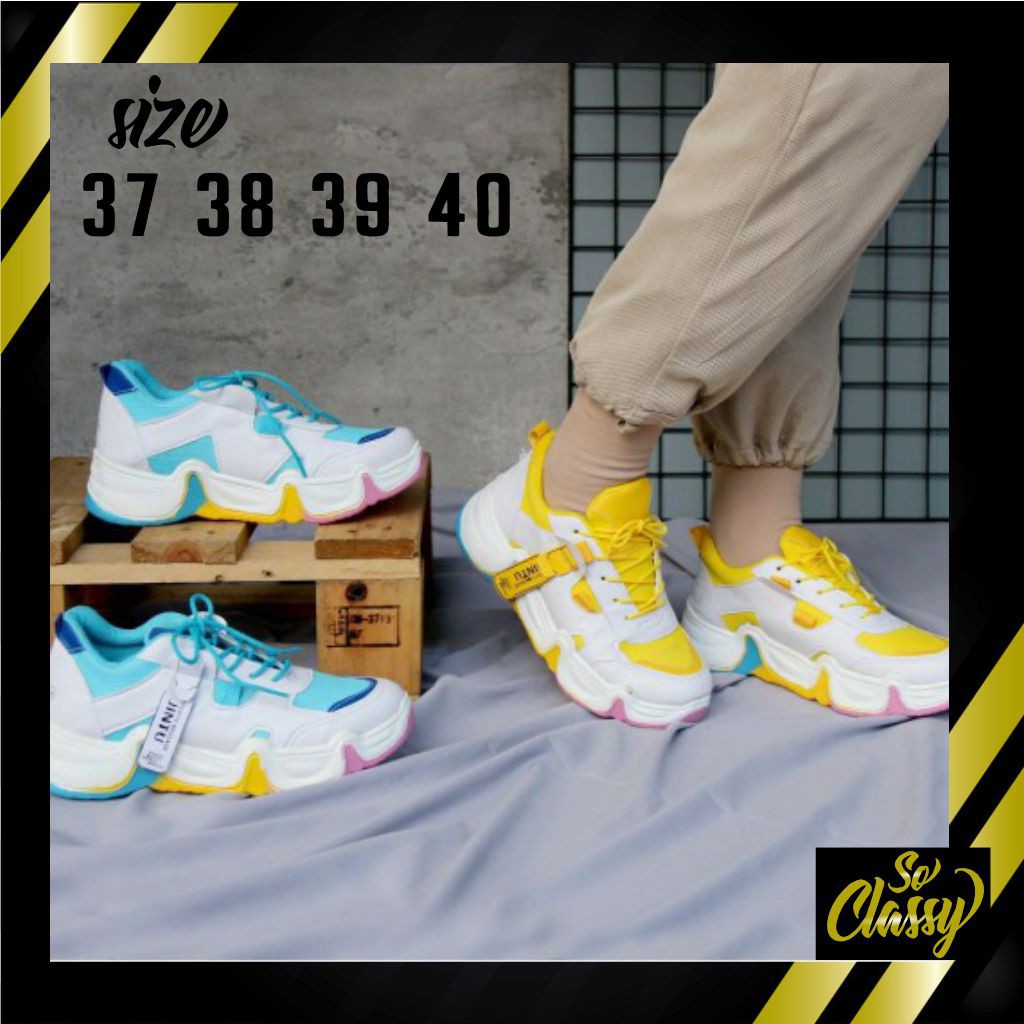 Sepatu Tali Cewek Sneakers Wanita Import Korea Warna Terang Biru Kuning Pink Size 37 38 39 40
