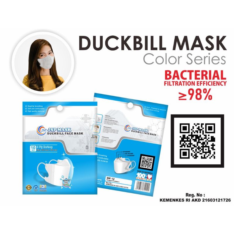 JSP masker duckbill 3 ply earloop 1 pack isi 10 pcs free 1 konektor