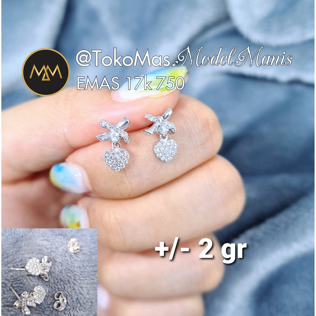 anting Tusuk pita love emas putih 750 kadar 17K
