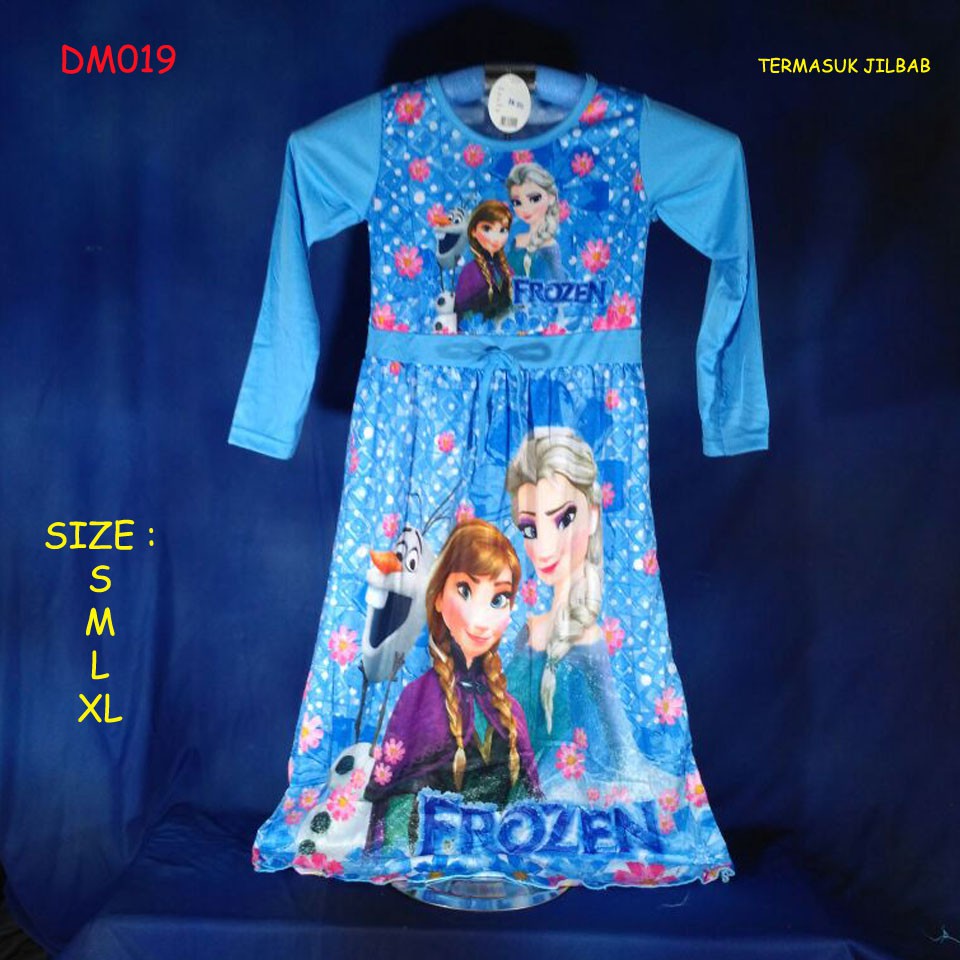 (DM019)  Baju Muslim Anak Gamis Frozen Ana & Elsa Blue Size S,M,L,XL