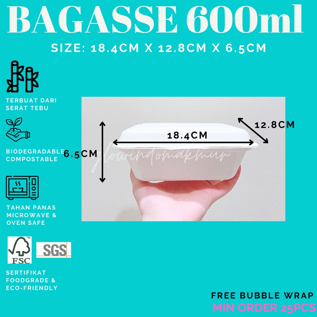 Bagasse Kotak 600ml Lunchbox Takeaway Sugarcane Serat Tebu ECO FRIENDLY