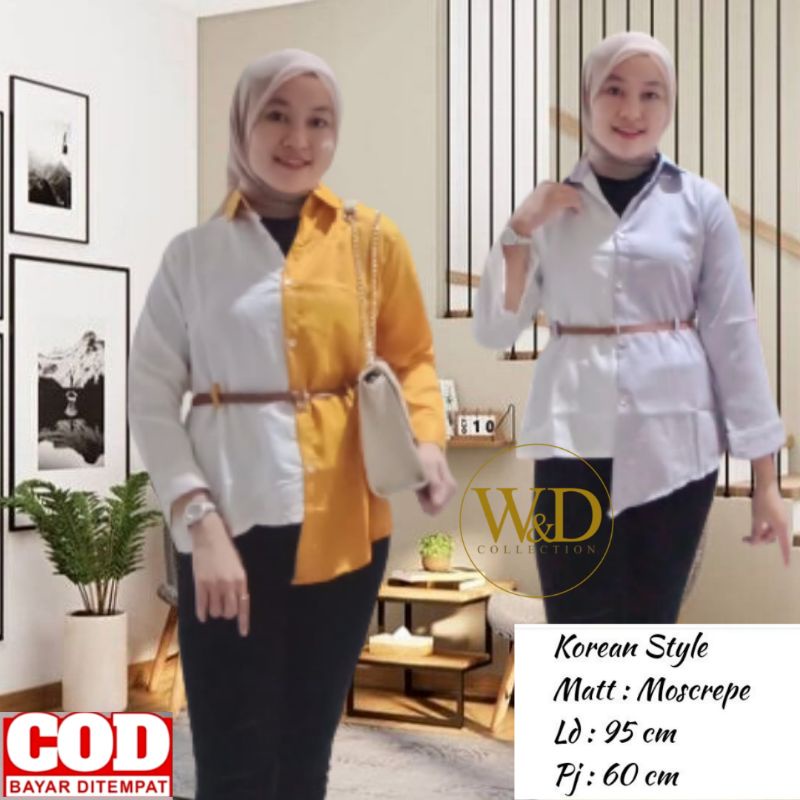 Kemeja Wanita Atasan Blouse Casual Polos Kombinasi 2 Warna Lengan Panjang Model Gesper Bahan Moscrepe