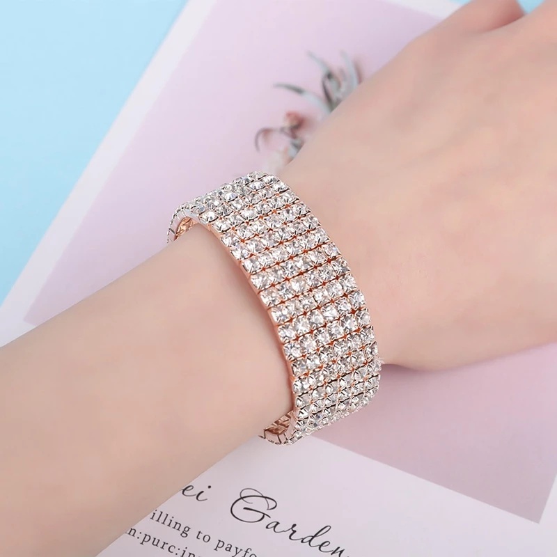 Gelang Kristal Berlian Imitasi 1 / 2 / 3 / 4 / 5 / 6 Baris Elastis Warna Silver Untuk Wanita