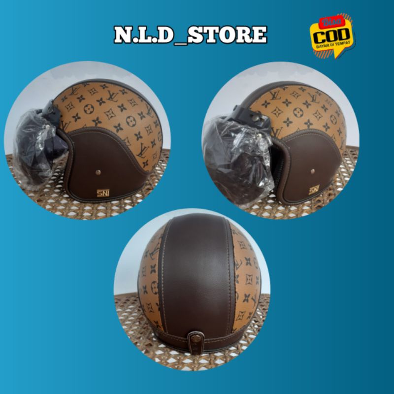 Helem Wanita Dewasa Kekinian Helm Bogo Kulit Motif LV ( Brown Mocca ) SNI Pria Wanita