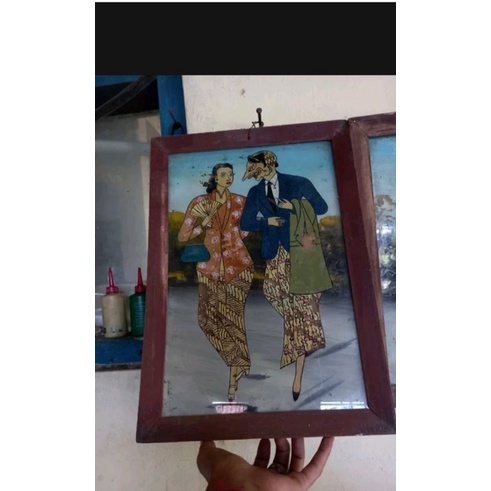 dua lukisan kaca tua petruk gareng antik punakawan