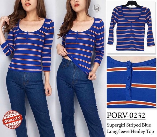 Forever21 F21 Supergirl Striped Blue Longsleeve Henley Top - Baju Lengan Panjang Wanita Biru Garis