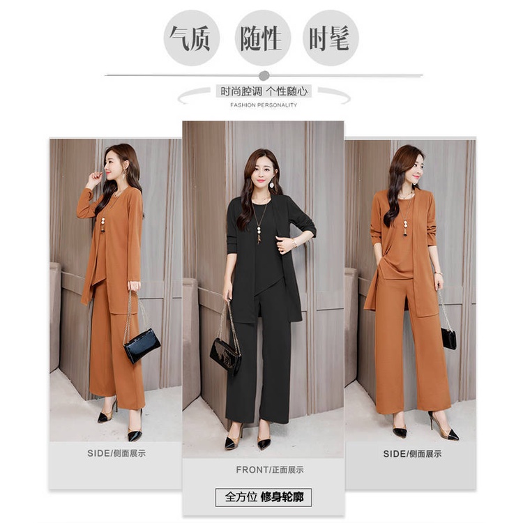 One Set 3Pcs Setelan Wanita Longgar Kasual Katun Jaket Mantel Lengan Panjang + Rompi + Celana Wide Leg Stelan