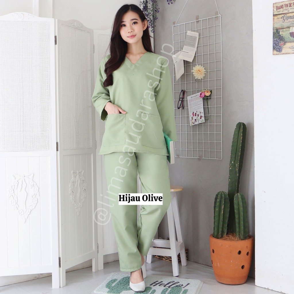 NEW! BAJU JAGA LENGAN PANJANG UNISEX (BAJU OKA/ OK/ BAJU SCRUB MEDIS) 1 SET BAJU DAN CELANA