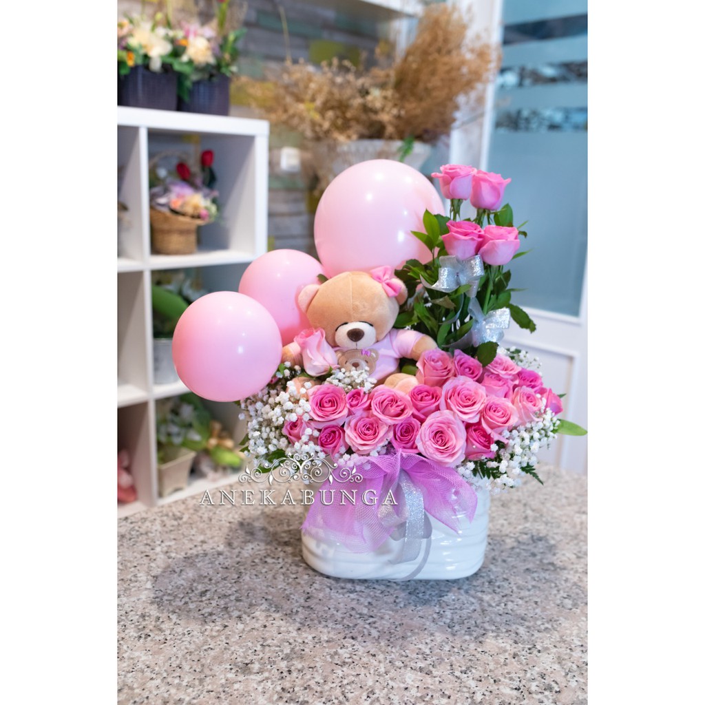 Rangkaian Pot Bunga Mawar Balon Boneka Teddy Bear Balloon Vase Flower Wedding Anniversary Birthday K