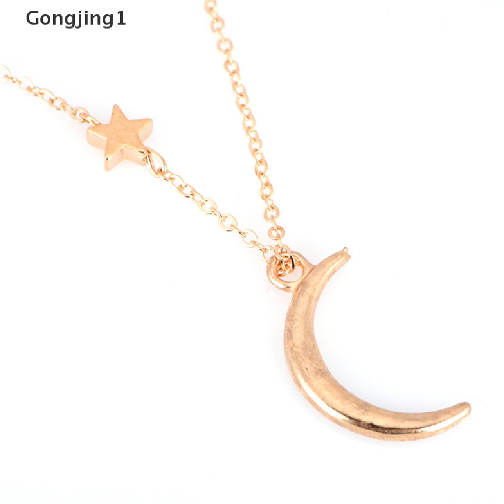 Gongjing1 Kalung Rantai Panjang Liontin Bulan Bintang Warna Gold / Silver Untuk Wanita