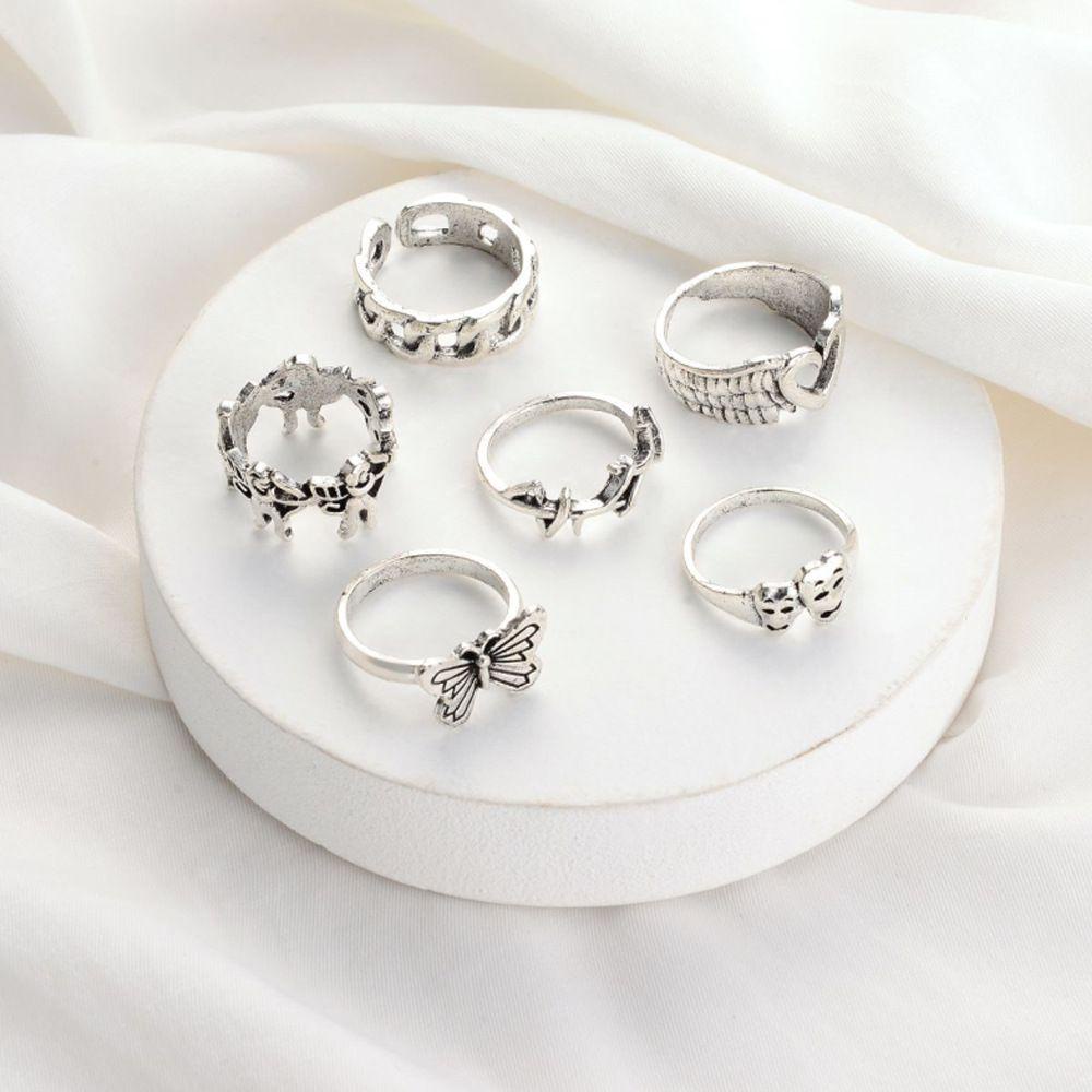 Solighter 6pcs/Set Cincin Jari Set Wanita Pria Kupu-Kupu Tengkorak Hati Sayap