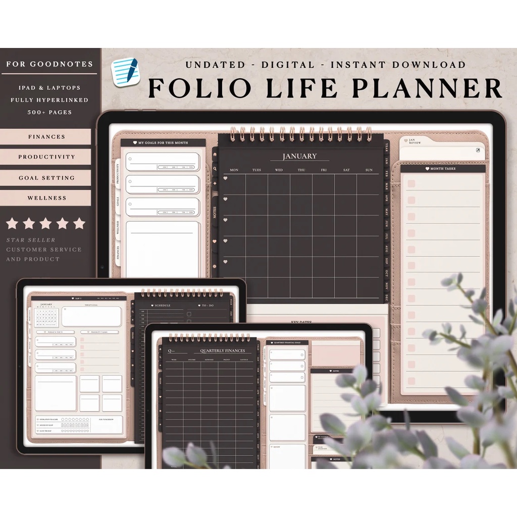 Digital Journal &amp; Planner - Undated Folio Life Planner for Goodnotes, Notability, Xodo, (Full Page &amp; Tabs Hyperlinked)