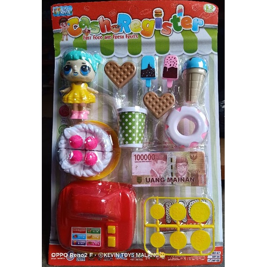 Mf 09 MAINAN CASH REGITER FAST AND FOOD PRESS MIKA / MAINAN MESIN KASIR PLUS BONEKA LOL DAN KUE ULANG TAHUN / KUE TART