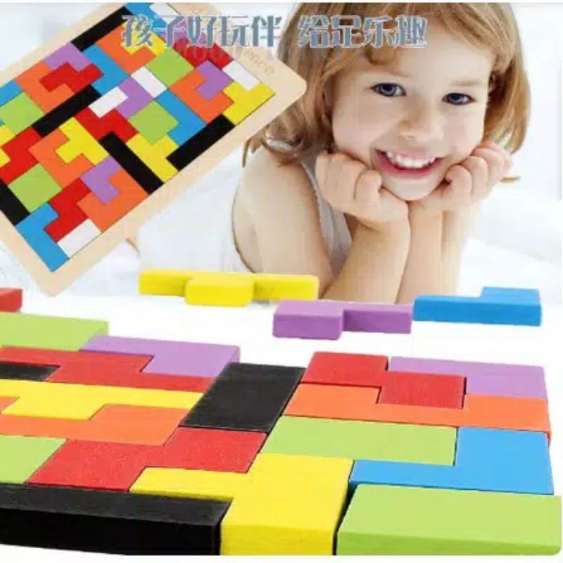 Mainan Anak Puzzle Kayu Russian Block Wood Intellegence Tetris