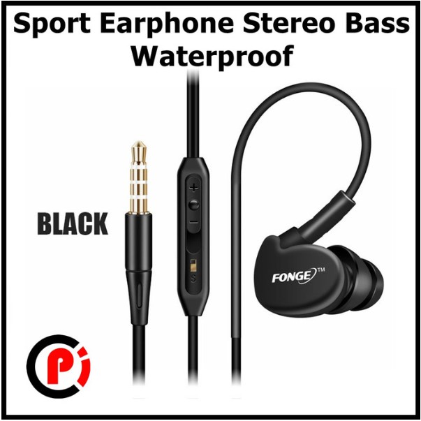 Fonge Sport Earphone Stereo Bass Waterproof with Microphone Black