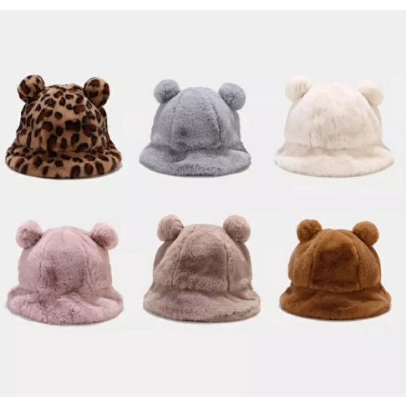Topi Bucket wanita Dewasa bahan bulu lembut ada pom pom