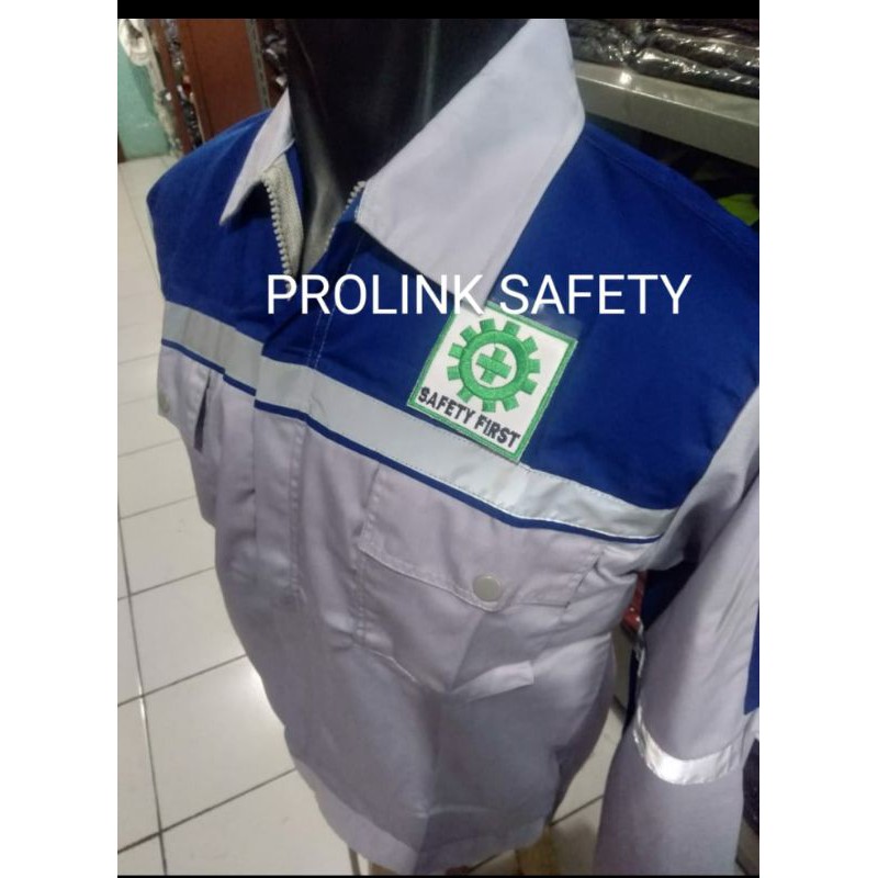 SERAGAM SAFETY FREE LOGO K3 BENDERA RESLETING BIRU KOMBINASI PUTIH TULANG DRILL PREMIUM ADEM TEBAL