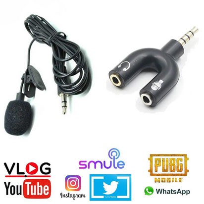 MIC CLIP ON AND AUDIO SPLITTER U SHAPE PAKET YOUTUBER VLOGGER SMULE ALAT REKAMAN