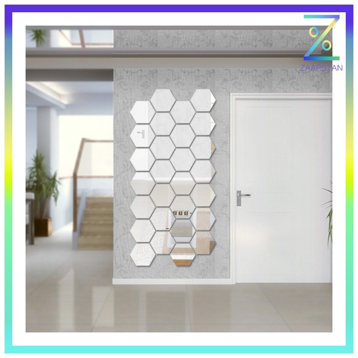 Sticker Dekorasi Dinding Hexagon Mirror Acrylic 7 PCS - Silver