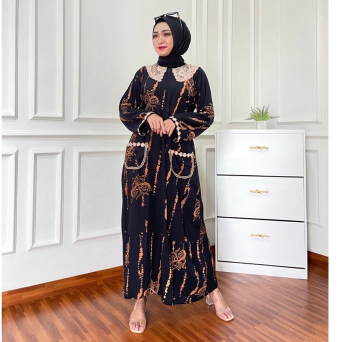 Daster Arab Kupu Rintik Longdress Wanita Dewasa Kekinian Terbaru 2021 2022 Bahan Rayon Lengan Panjang Ld 100 110 Model Arabian Renda Busui Resleting Motif Kupu Rintik Size L XL Murah Harga Grosir-Hitam