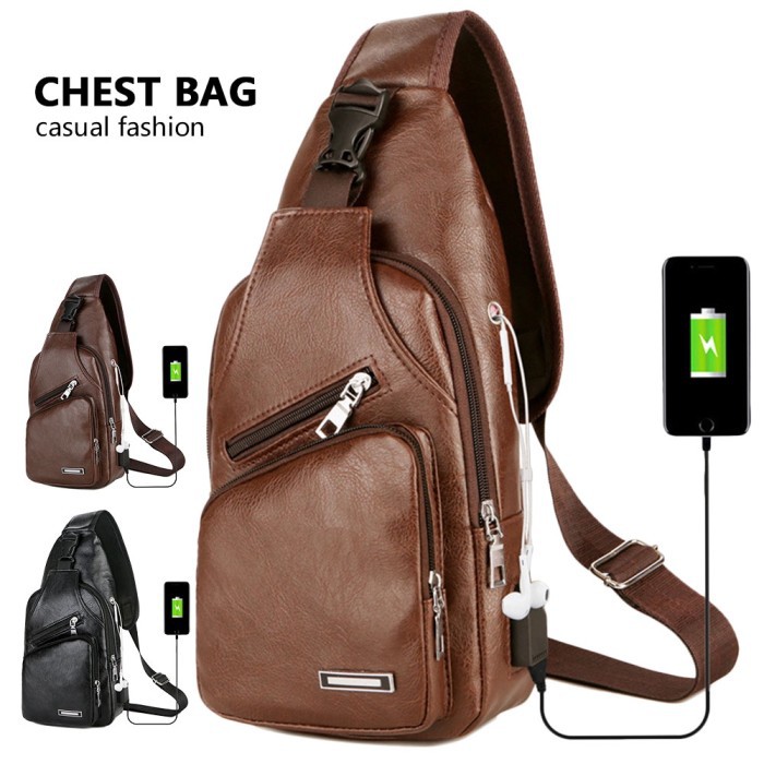 SB93 Selempang Kulit Pria Tas HpSling Bag USB Port Hole Tas Bahu