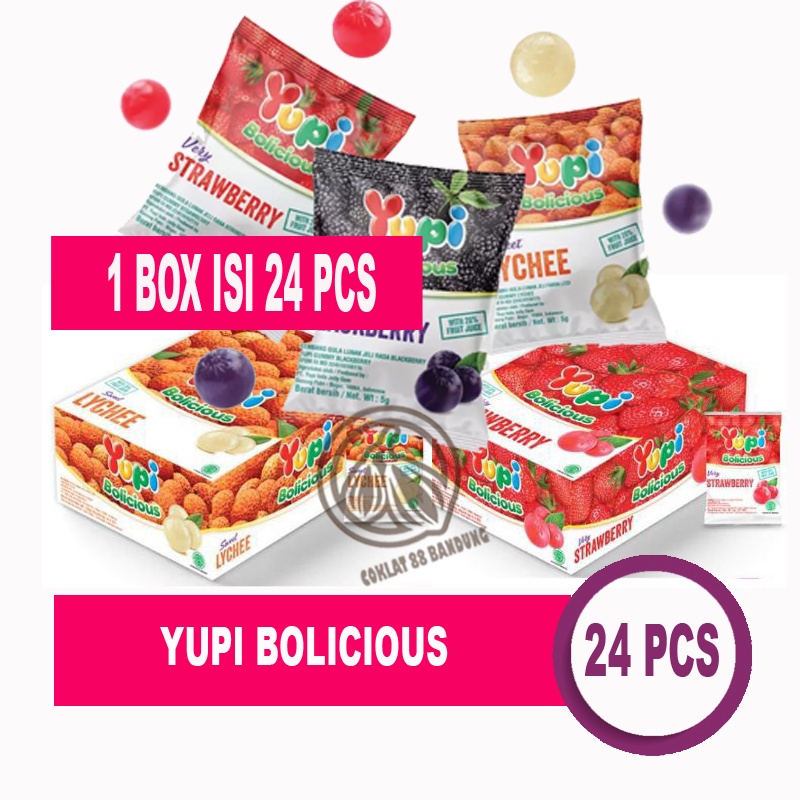 

YUPI BOLICIOUS BOX 12 PCS X 5GR, YUPI BOLICIOUS LECI STRAWBERRY BLACKBERRY, PERMEN YUPI JELLY JERUK