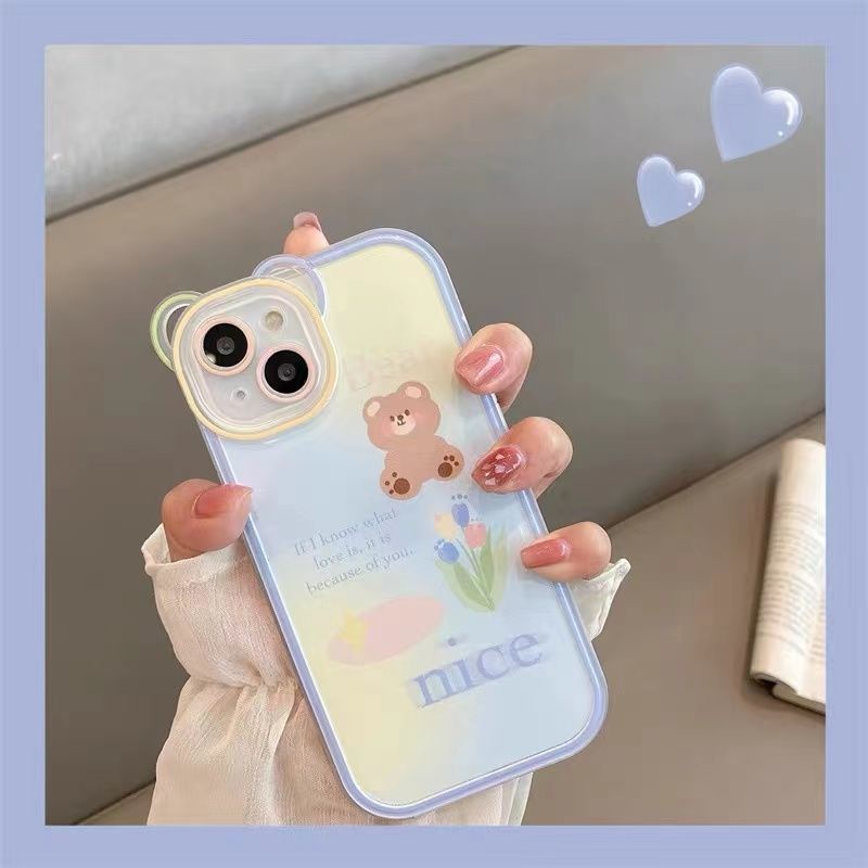 Soft Case Silikon TPU Transparan Motif Bunga Beruang Untuk IPhone 13 Pro Max 12 11 XS XR X 8 7 6 6s Plus