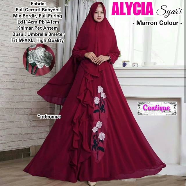 ALYCIA SYAR'I / MAROON/ Gamis Cantik/ Gamis Pesta