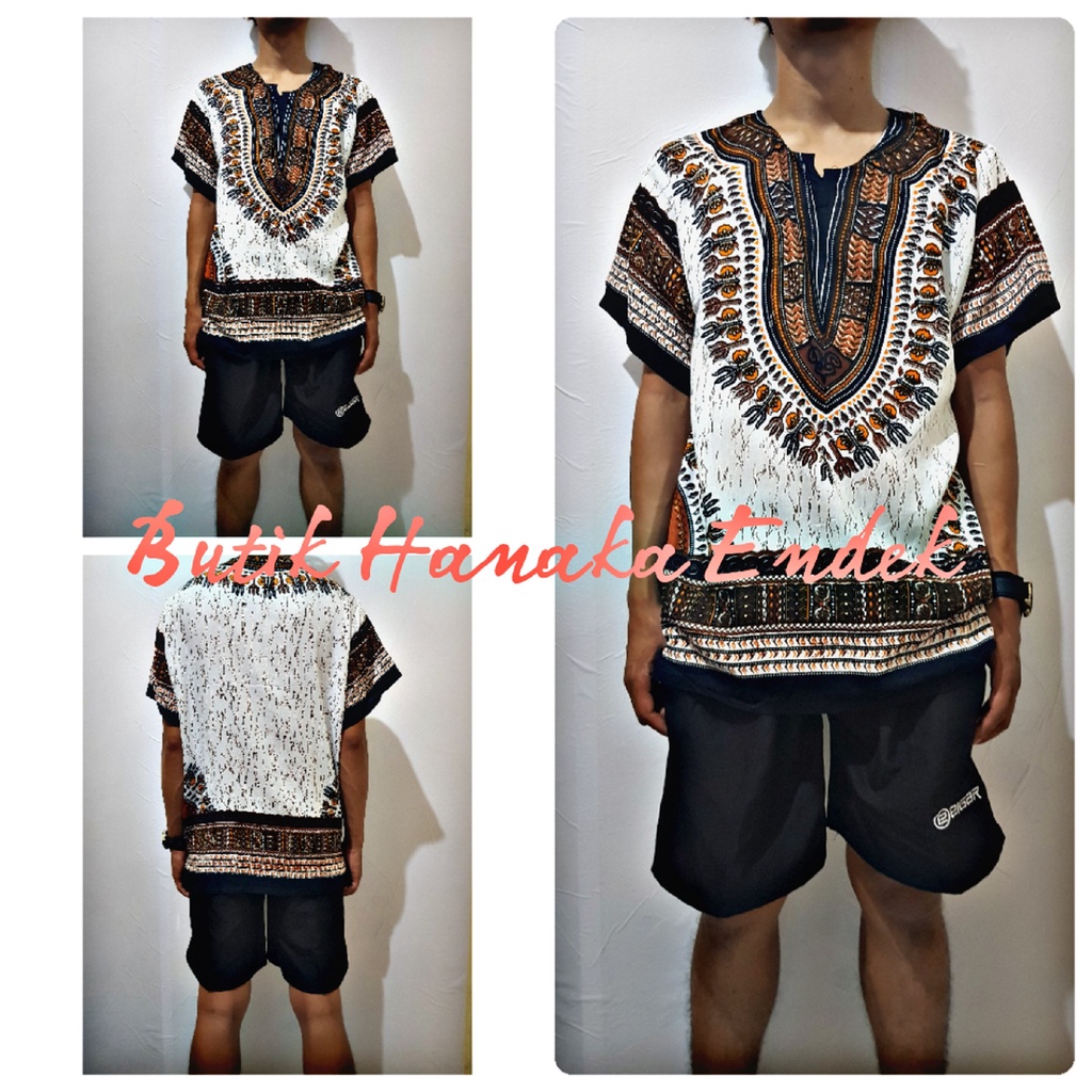 Baju dan Celana Pendek Setekan Etnik Dashiki Putih Pria/Wanita (Unisex)